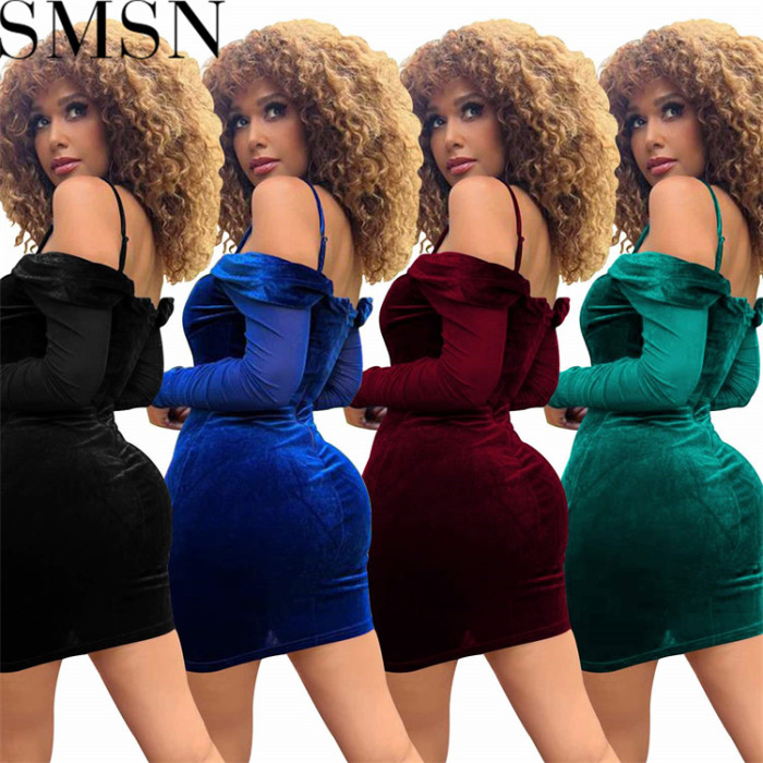 Plus Size Dress mesh long sleeve off the shoulder V neck velvet spaghetti straps dress for women