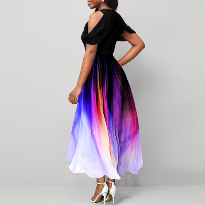Sexy Off Shoulder Gradient Printed Short Sleeve Long Dress