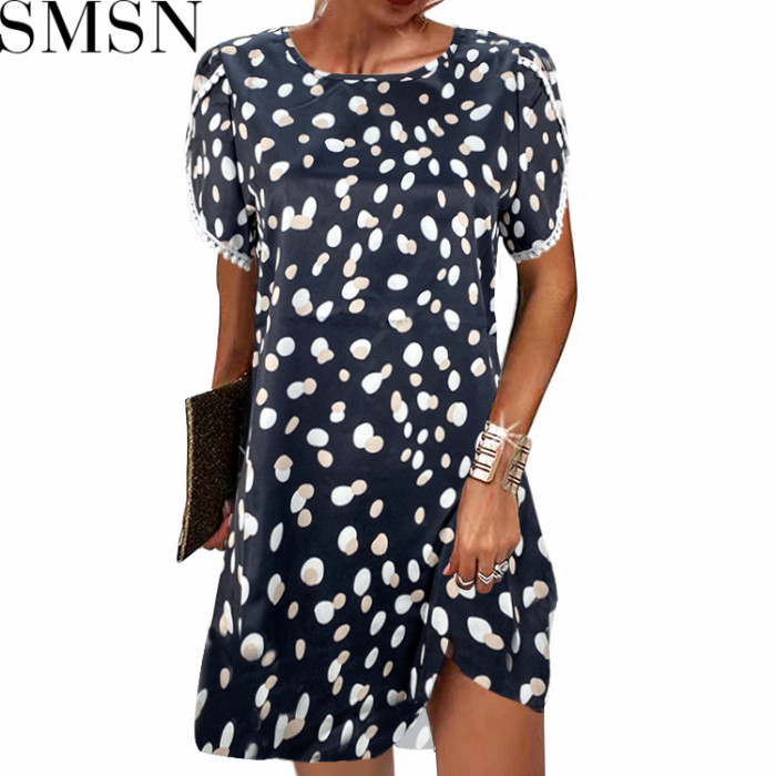 Casual Dress 2022 summer round neck short sleeve loose lace edge ladies floral dress