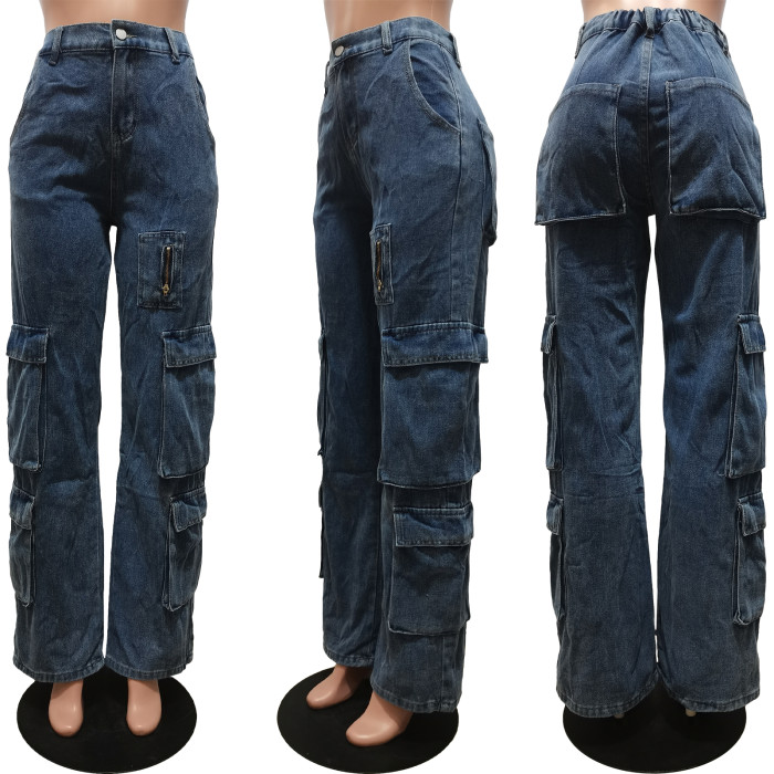 Fashionable water washing work bag zipper casual elastic waist denim pants