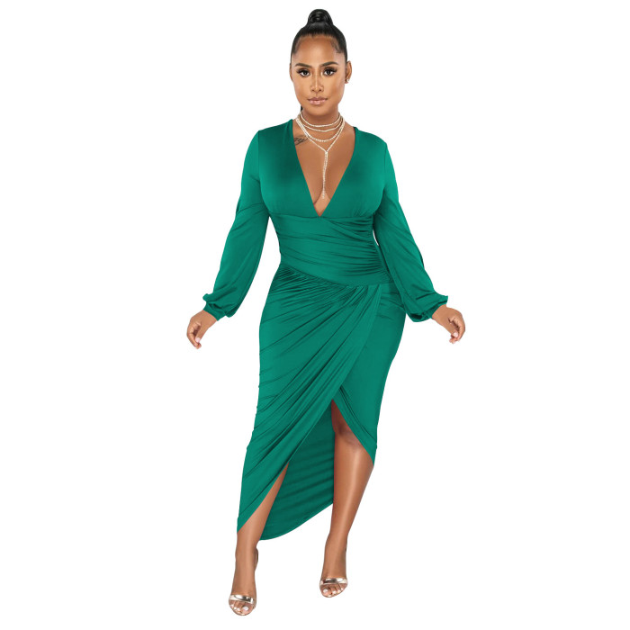 Plus Size Dress fashion solid color and V neck long sleeve dress pleated dress for women