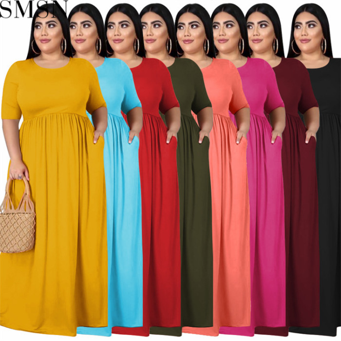 Fashion women dress solid color round neck loose casual plus size dress
