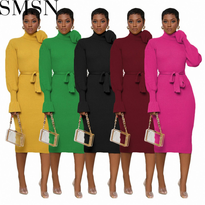 Plus Size Dress European and American women clothing solid color turtleneck knitting tied dress