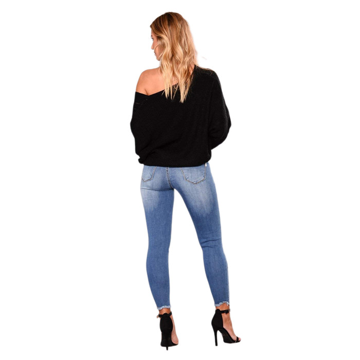 Fashion elastic high waist jeans with holes