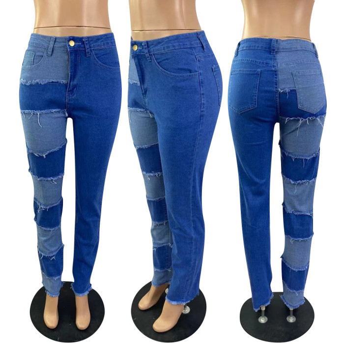 High elastic patch worn straight jeans