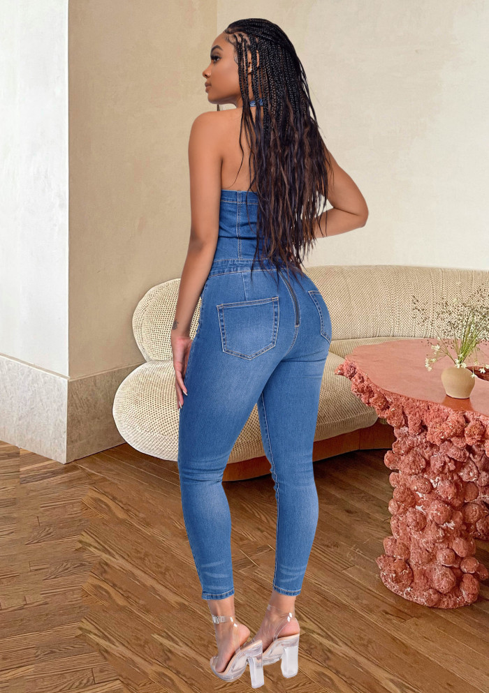 Denim slim neck Jumpsuit