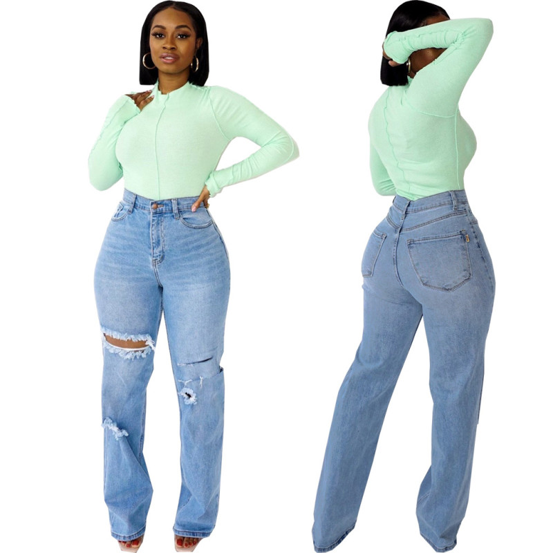 Elastic perforated straight pants