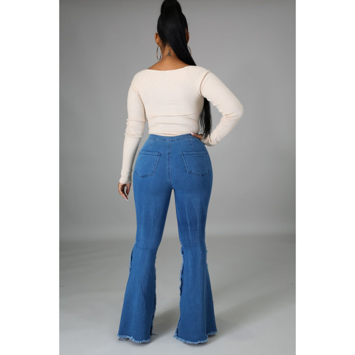 Stitching hole washed jeans flared pants