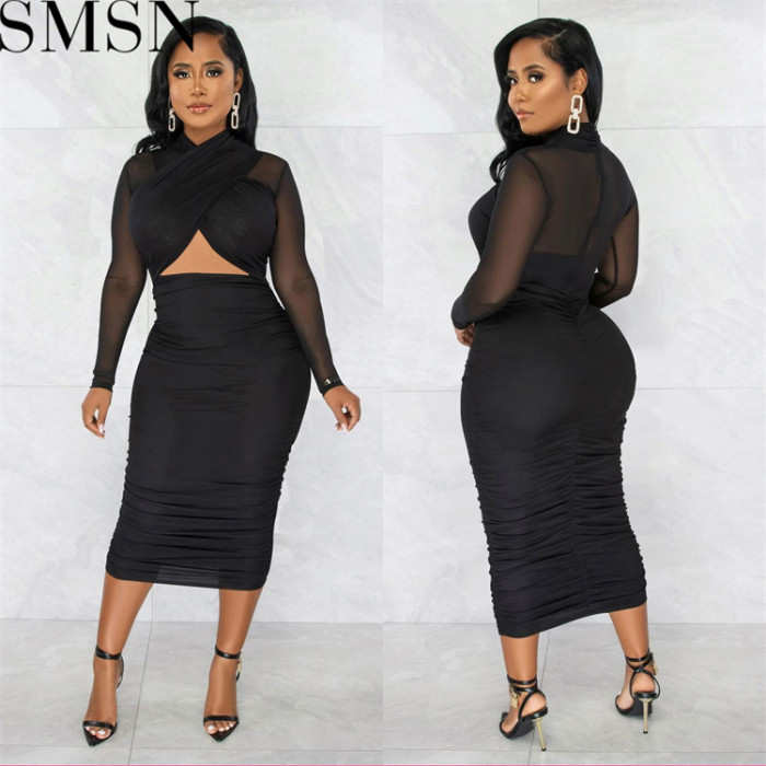Plus Size Dress Amazon Fashion Women Mesh Long Sleeve Solid Color Wrapped Chest Navel Dress