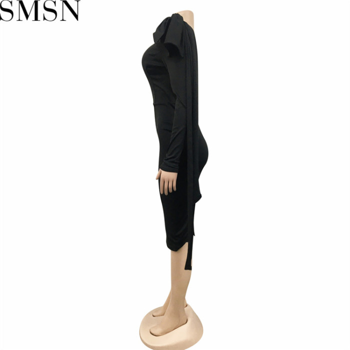 Fashion women dress Amazon women wear new diagonal collar single long sleeve bowknot ribbon dress