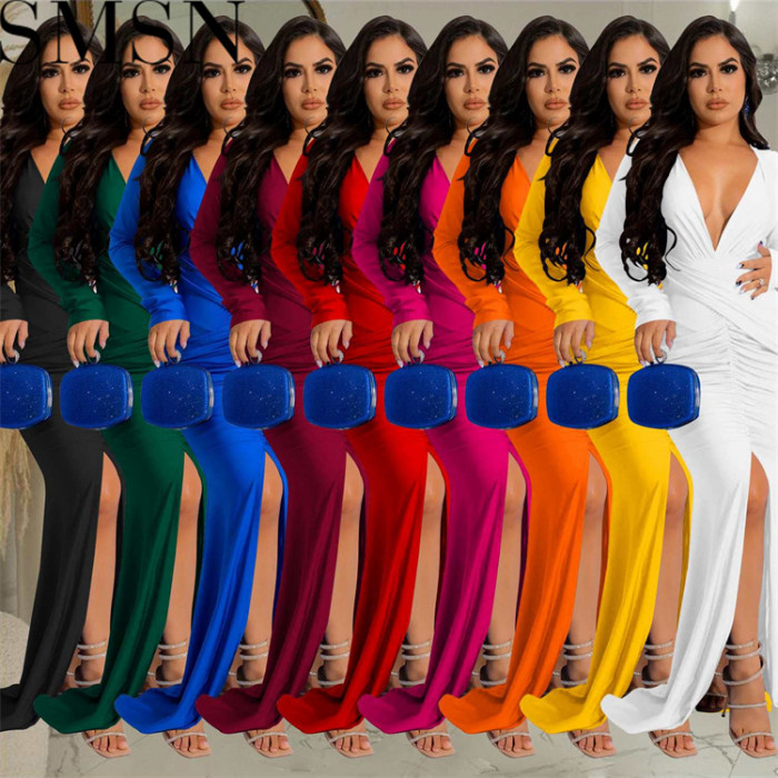 Plus Size Dre Amazon European and American fashion solid color and V neck long sleeve dress