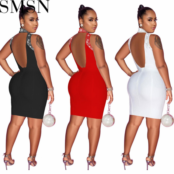 Plus Size Dress fashion women wear solid color rhinestone mesh see through sleeveless dress