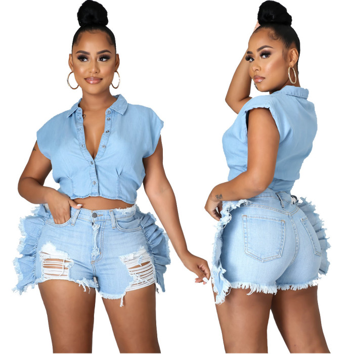 Fashion stitching holed stretch denim shorts