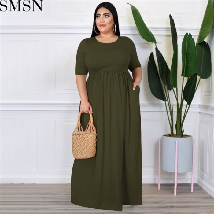 Fashion women dress solid color round neck loose casual plus size dress