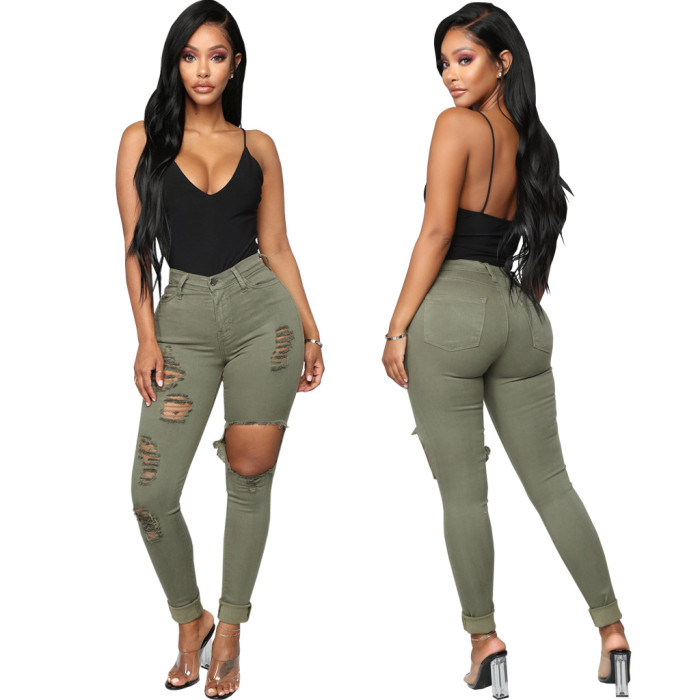 Fashion high waist denim hole tights