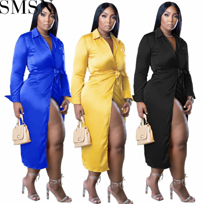 Plus Size Dress Amazon new autumn and winter blouse collar stretch satin wrap dress
