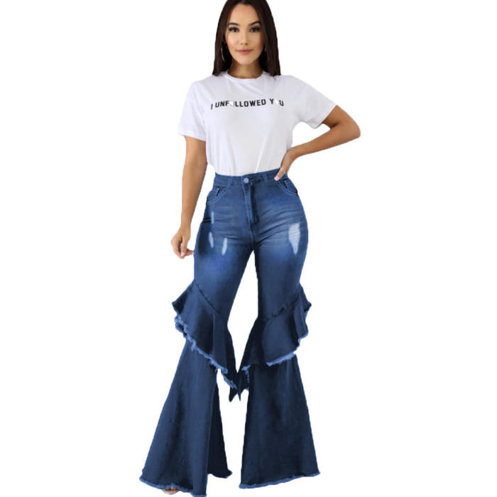Fashion denim flared pants with hole stitching