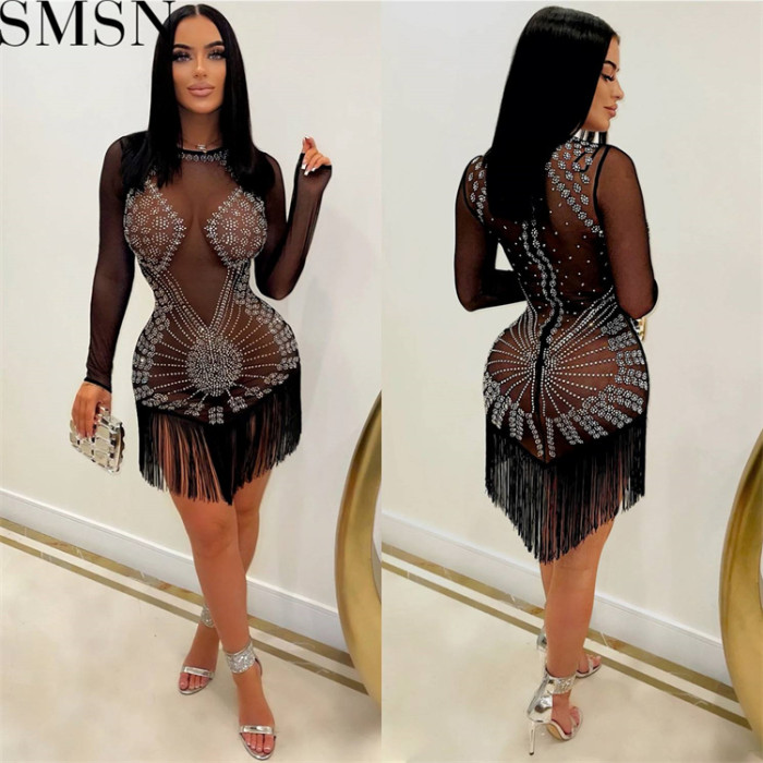 Casual Dress fashion nightclub hot drilling mesh see through silk long sleeve short dress