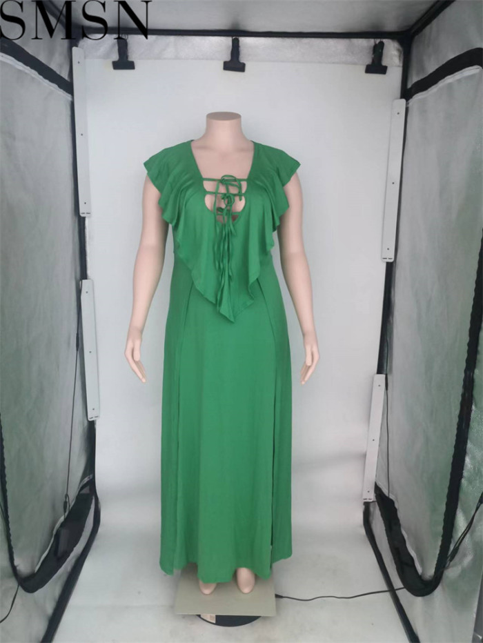 Casual Dress Amazon fashion pure color ruffles plus size dress