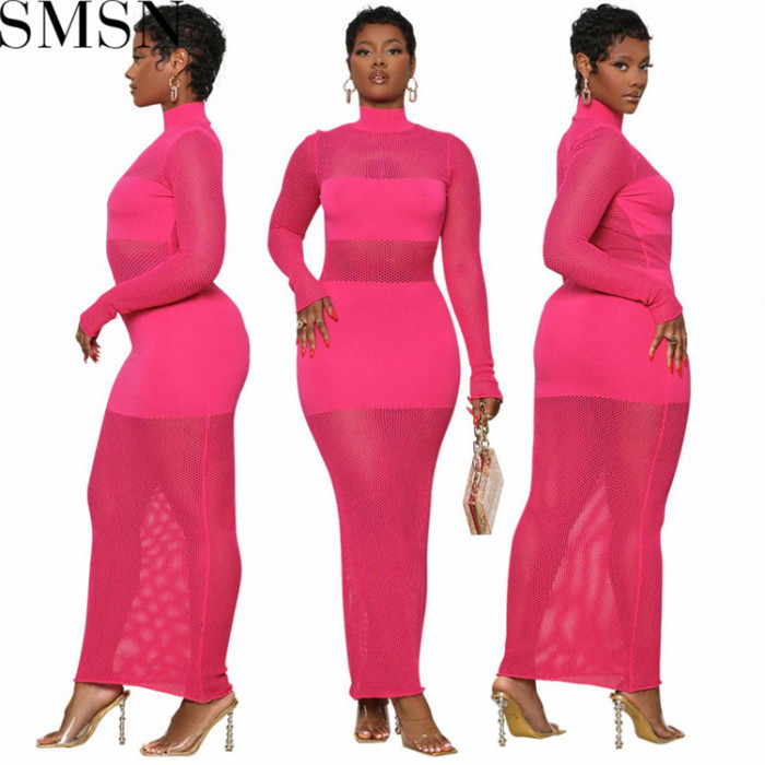 Plus Size Dress Amazon Popular Sexy Solid Color Mesh Stitching Long Sleeves Dress