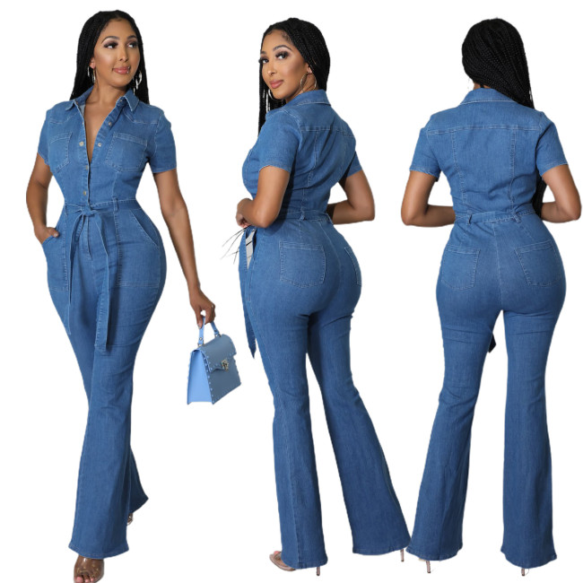 Sexy and fashionable short sleeved denim jumpsuit