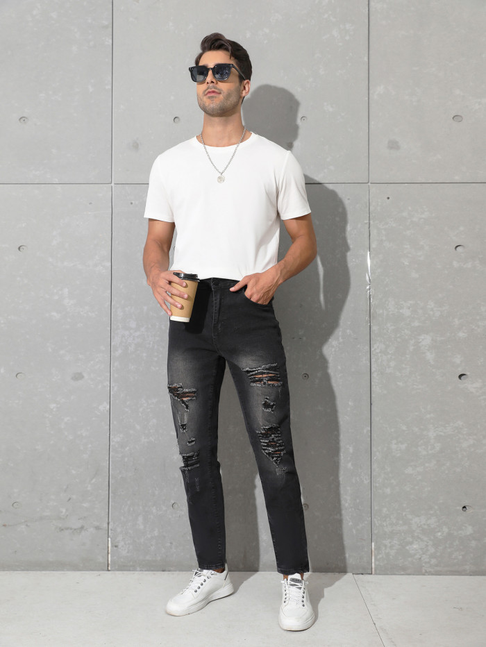 Casual men's stretch pierced dark gray jeans