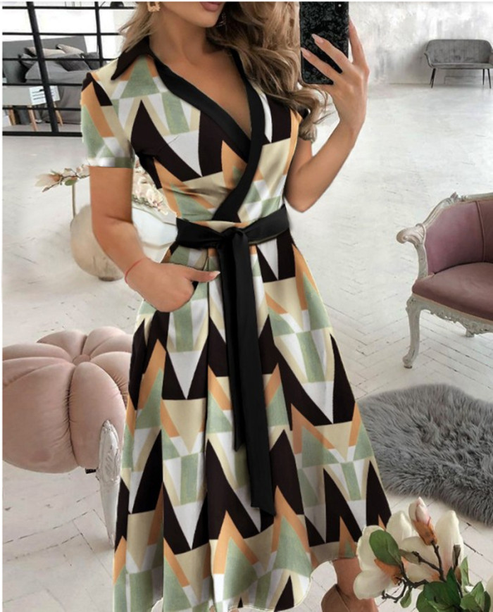 Fashionable Long Sleeved V-Neck Printed Dress