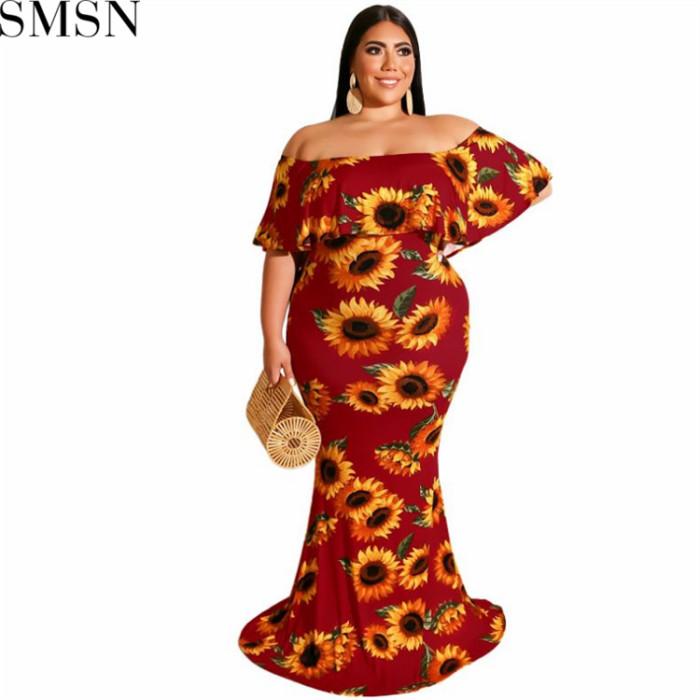 Plus Size Dress 2022 Summer Sunflowers Leaf Printed Sexy Tight Dress