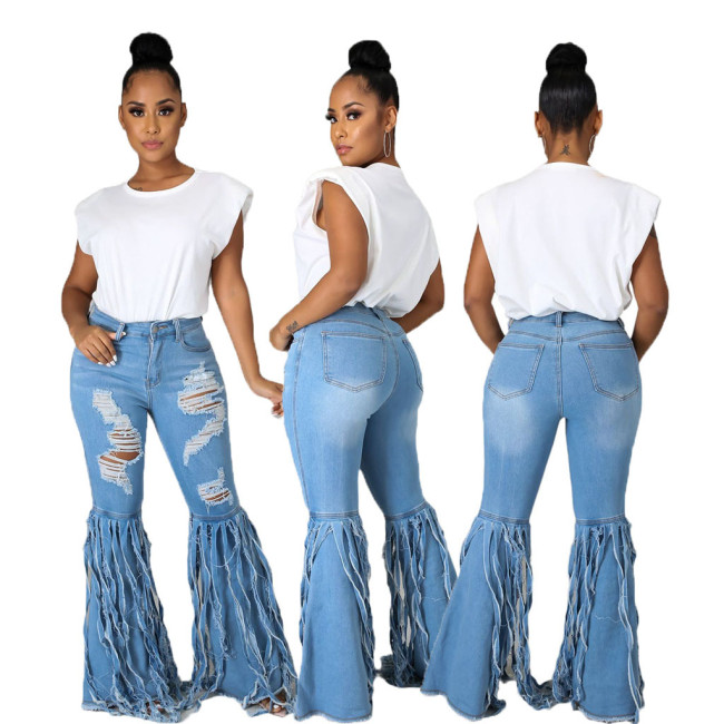 Sexy fashion tassel pierced elastic flared pants