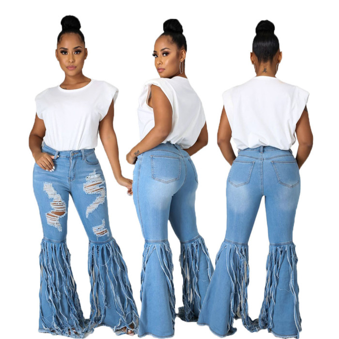 Sexy fashion tassel pierced elastic flared pants