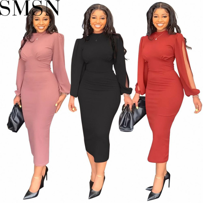 Plus Size Dress Fashion round Neck Long Sleeve Slim Party Dress Women