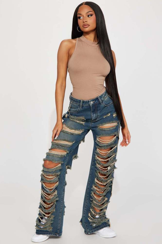 Sexy Oversized Micro Stretch Perforated Micro Flare Jeans