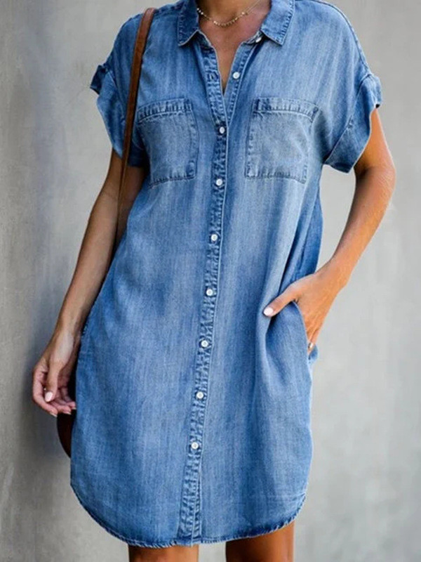 Short Sleeve Slim Denim Midi Dress
