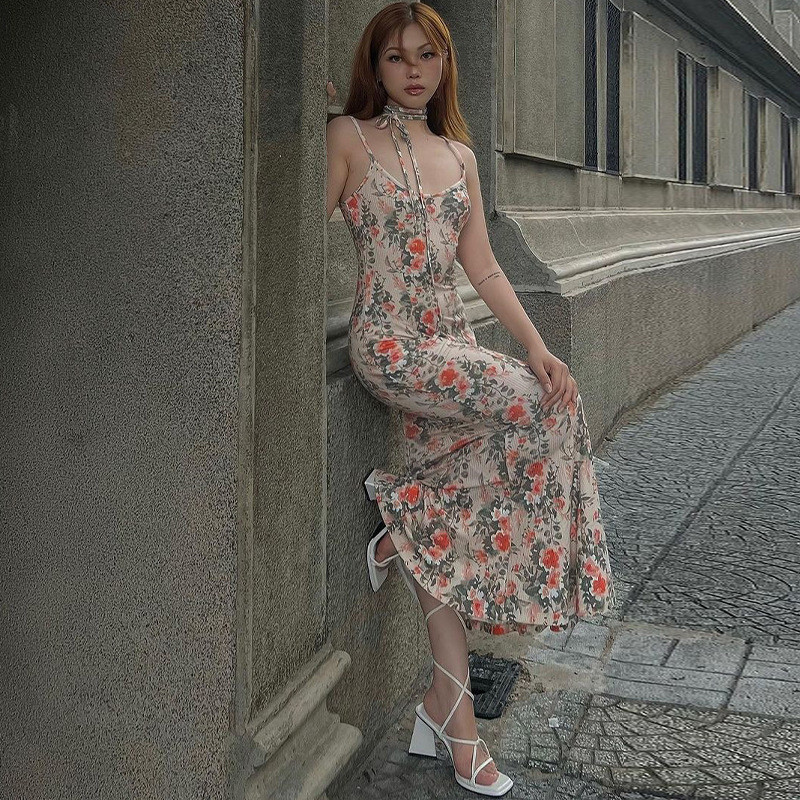 Printed Sexy Slim Fit Fragmented Flower Strap Open Back Dress