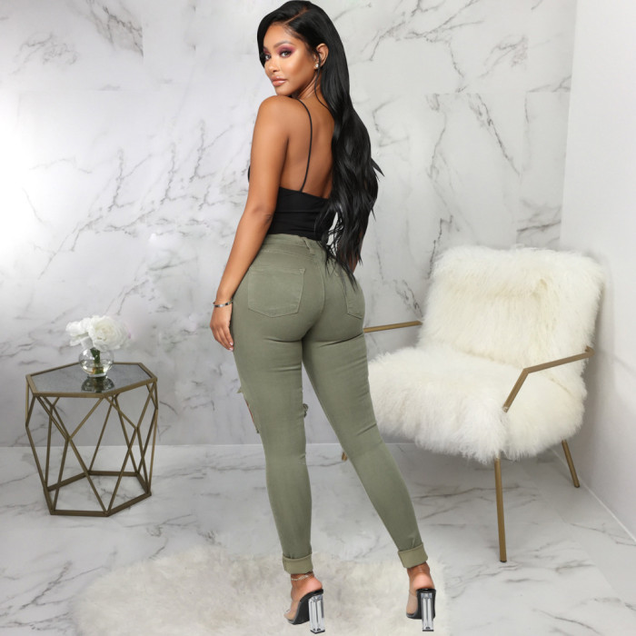 Fashion high waist denim hole tights