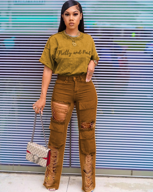 Fashion denim hole suit