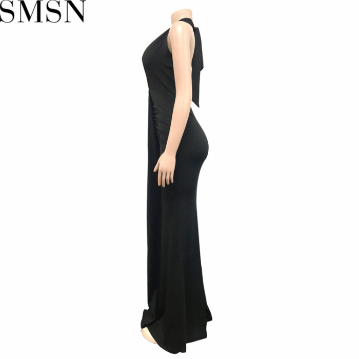 Plus Size Dress fashion V neck backless ribbon pleated solid color dress for women