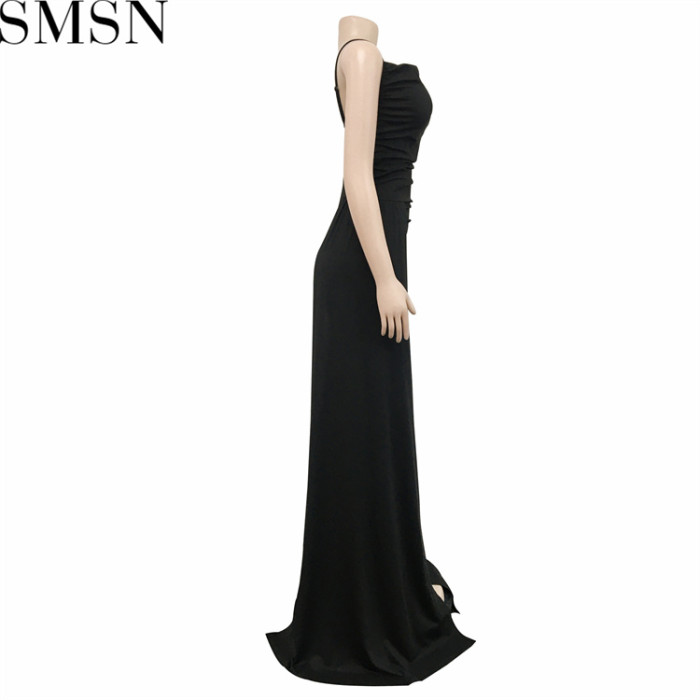 Plus Size Dress European and American sling solid color side drag side open dress for women