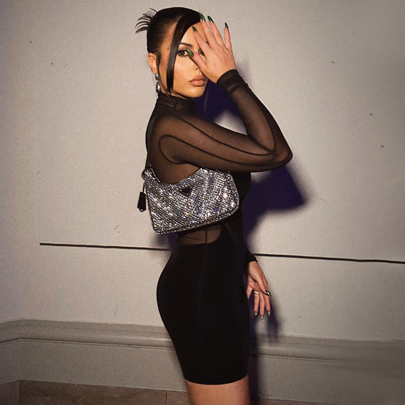 Women'S Solid Color Mesh High Waist Splicing Wrap Hip Skirt