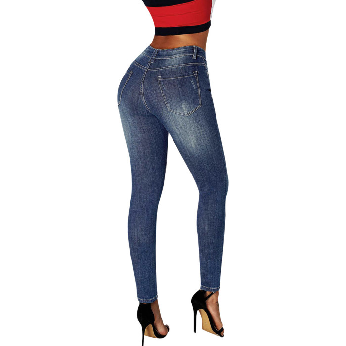 Hole washing slim elastic denim Leggings