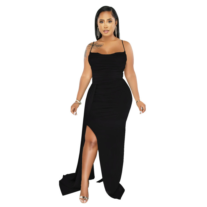 Plus Size Dress European and American sling solid color side drag side open dress for women