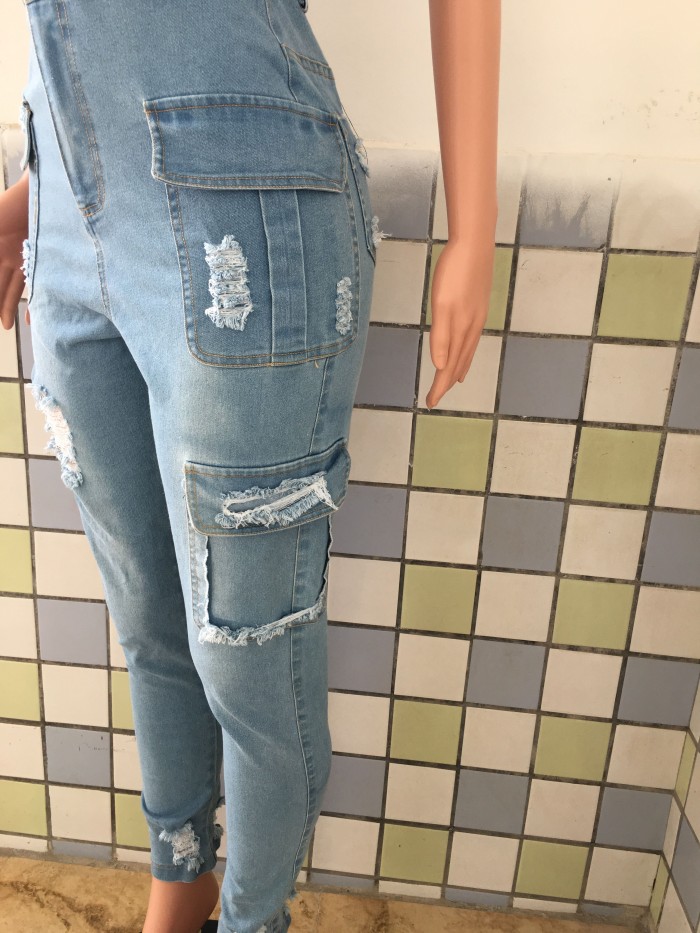 Casual slim hole denim Jumpsuit