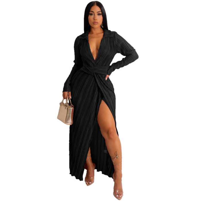 Plus Size Dress Europe and America sexy slit dress Amazon autumn and winter New V neck long sleeve pleated dress