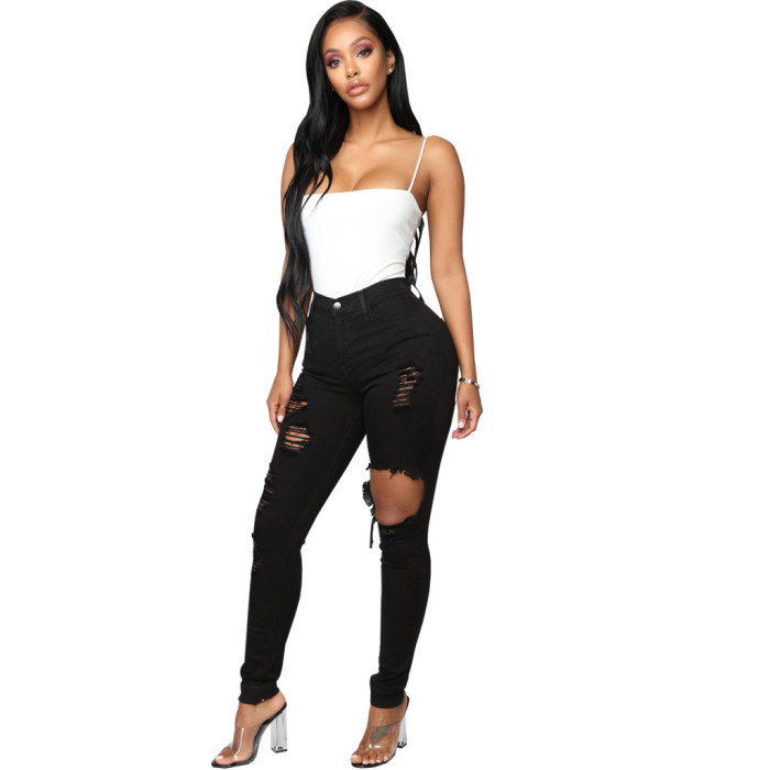 Fashion high waist denim hole tights