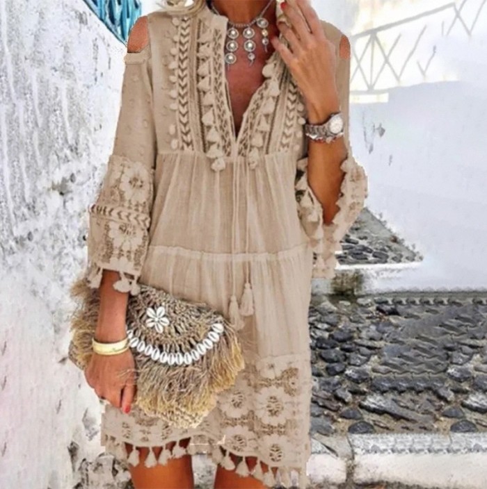 Long Sleeved Embroidered Hollowed Out Dress