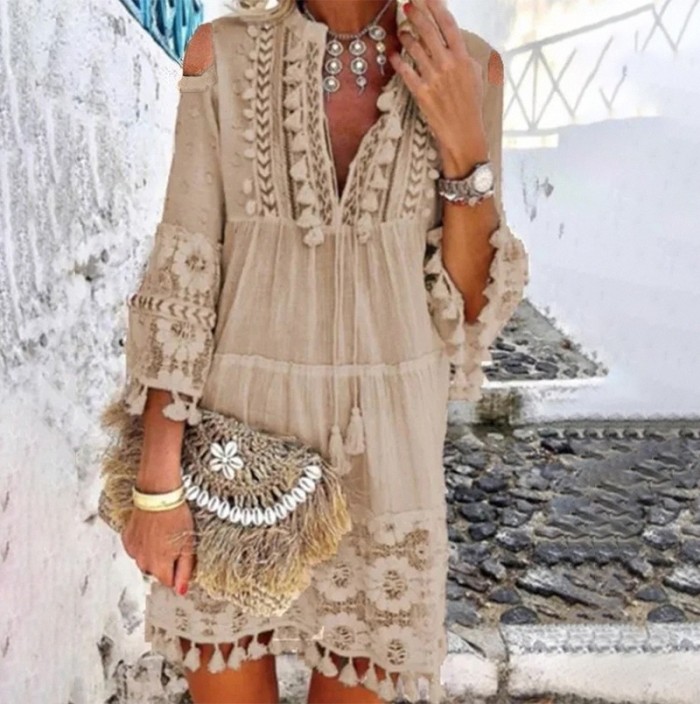 Long Sleeved Embroidered Hollowed Out Dress