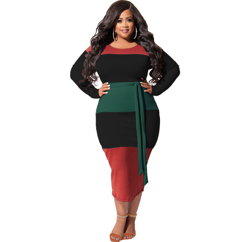 Plus Size Dress autumn new patchwork color with belt fashion tight large size women dress