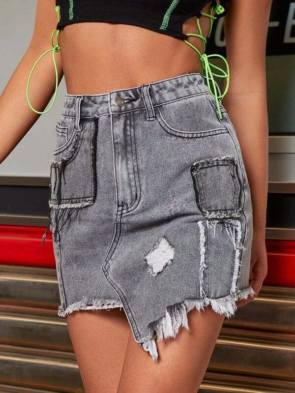Fashionable jeans skirt with holes and buttocks