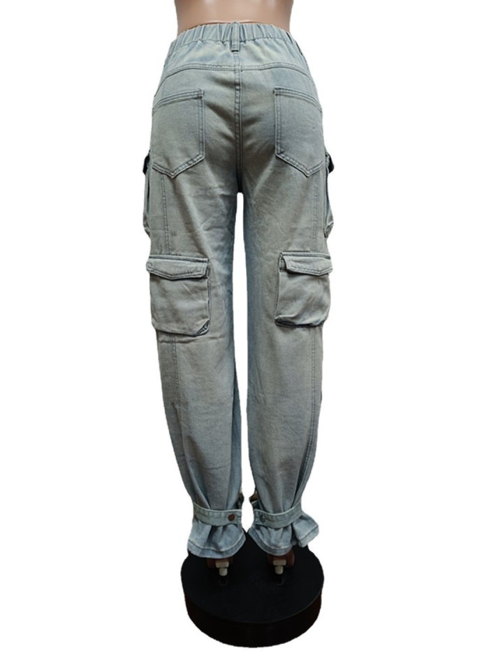 Fashion denim retro casual three-dimensional pocket pants