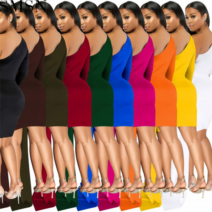 Plus Size Dress fashion solid color single sleeve casual diagonal collar dress women clothing